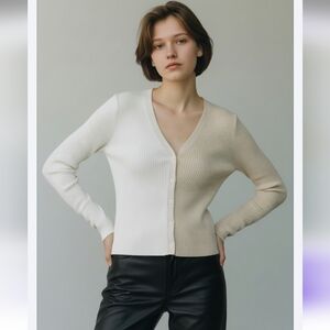 STAUD Cargo Color Block White and Tan Cardigan Sweater size L